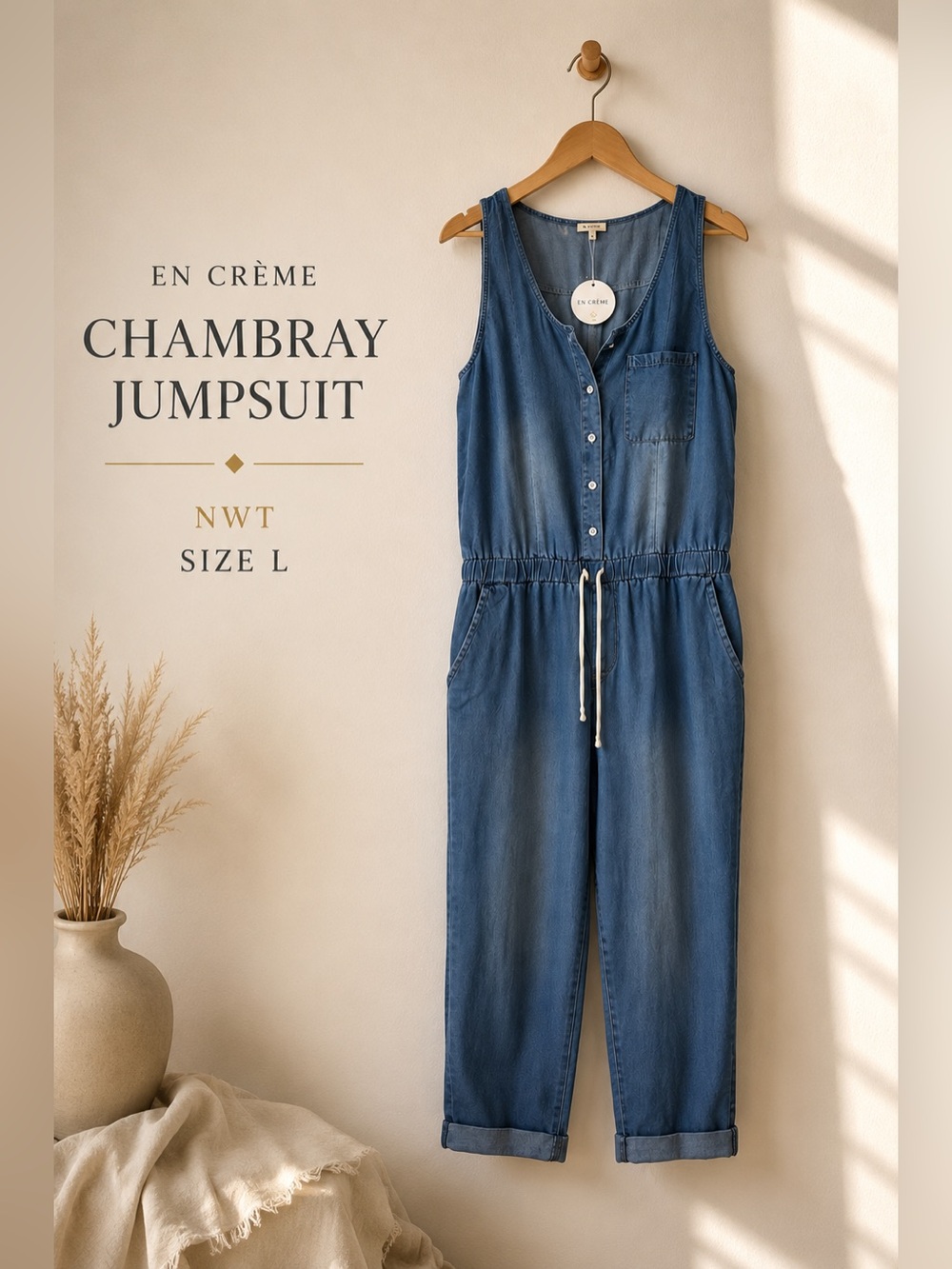 EN CRÈME Chambray Sleeveless Drawstring Jumpsuit Blue Size Large